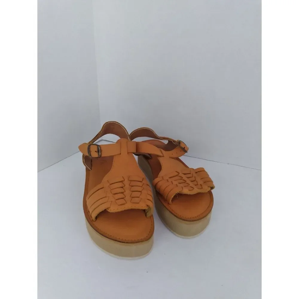 Woven Leather Platform‎ Sandals with Ankle Strap in Tan - Boho Summer Comfort